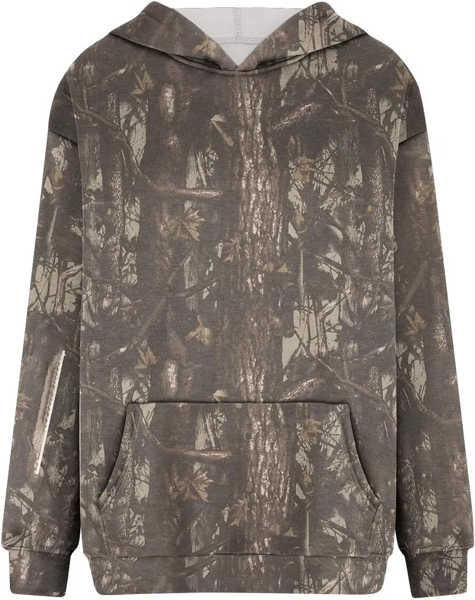 Women Camo Hoodie Maple-Leaf Print Oversized Sweatshirt Y2K Fall Fleece Hooded Sweatshirts With Kangaroo Pocket