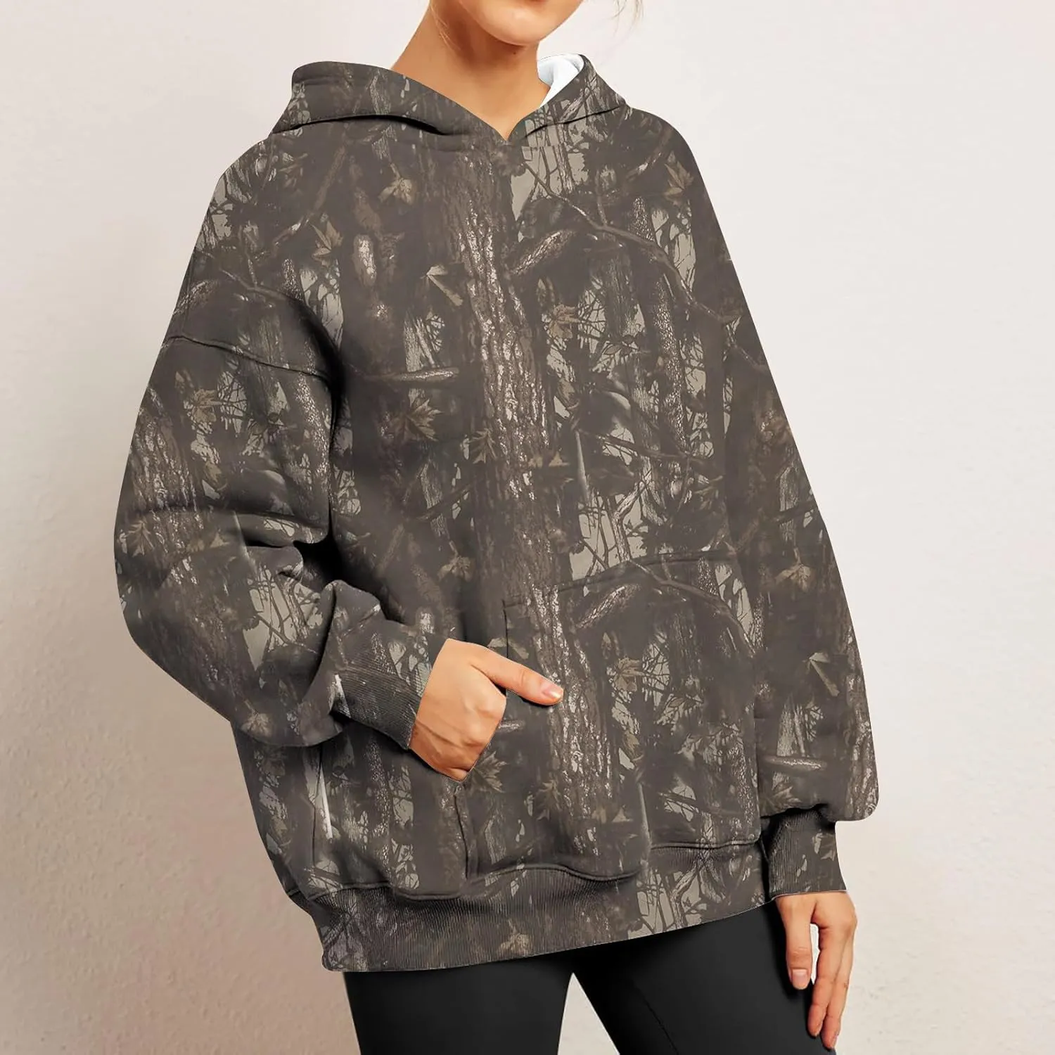 Women Camo Hoodie Maple-Leaf Print Oversized Sweatshirt Y2K Fall Fleece Hooded Sweatshirts With Kangaroo Pocket