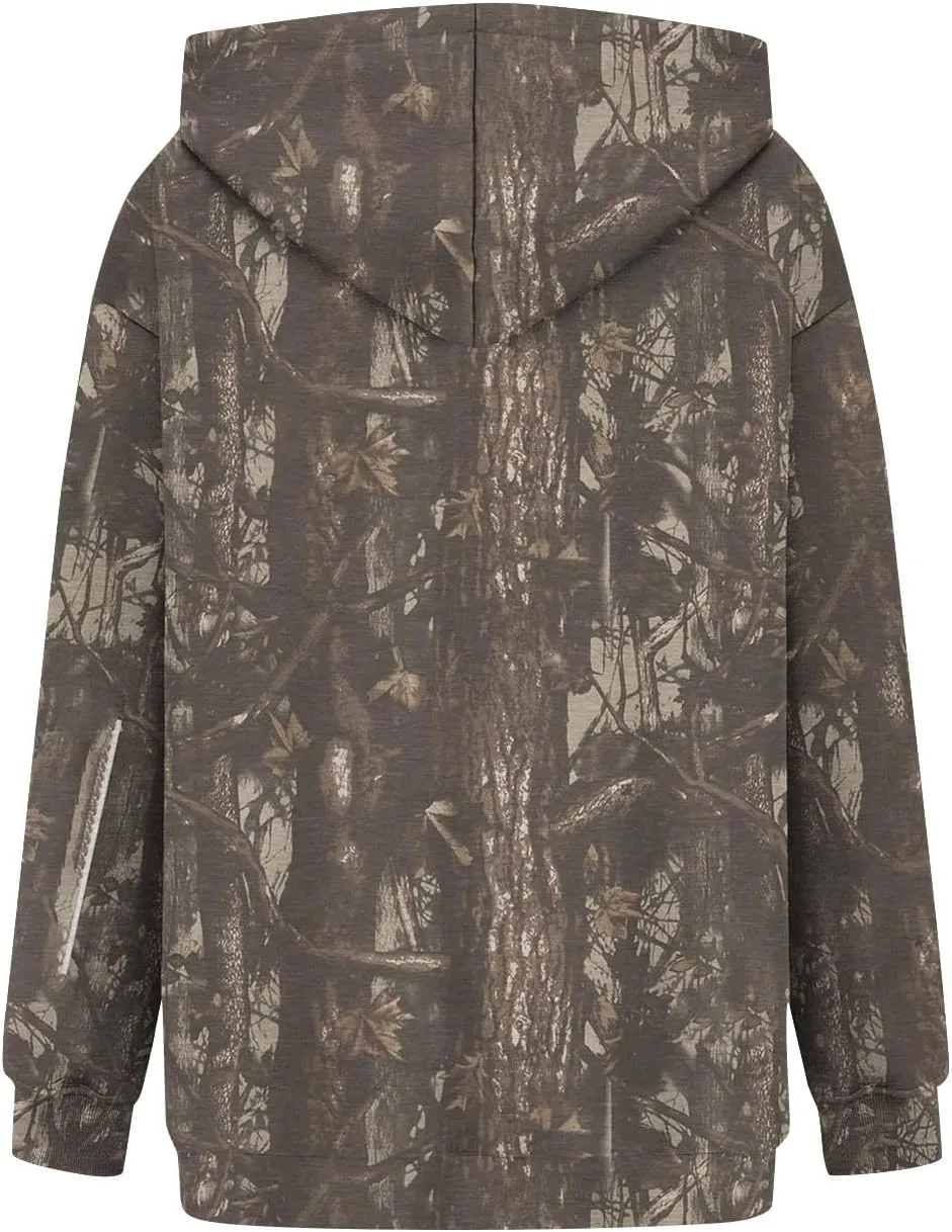 Women Camo Hoodie Maple-Leaf Print Oversized Sweatshirt Y2K Fall Fleece Hooded Sweatshirts With Kangaroo Pocket