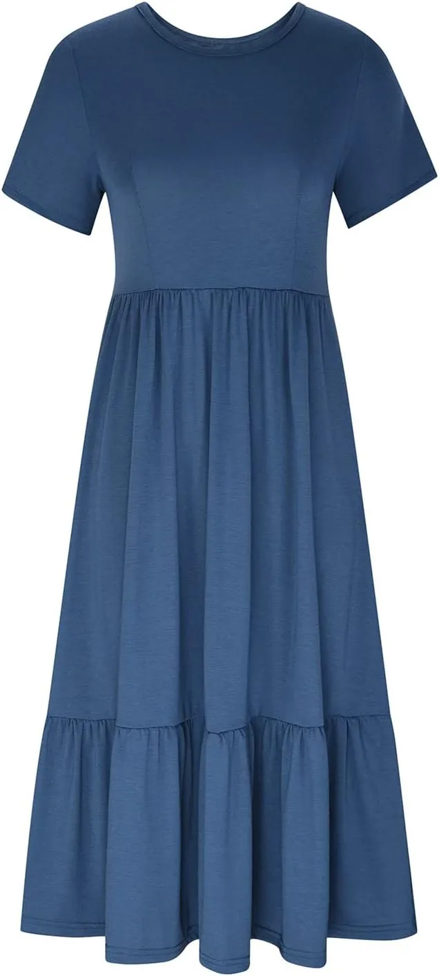 Women Short Sleeve Midi Dresses Summer Casual Dress Ruffle Swing Flowy Sundress Mid Calf T Shirt with Pocket