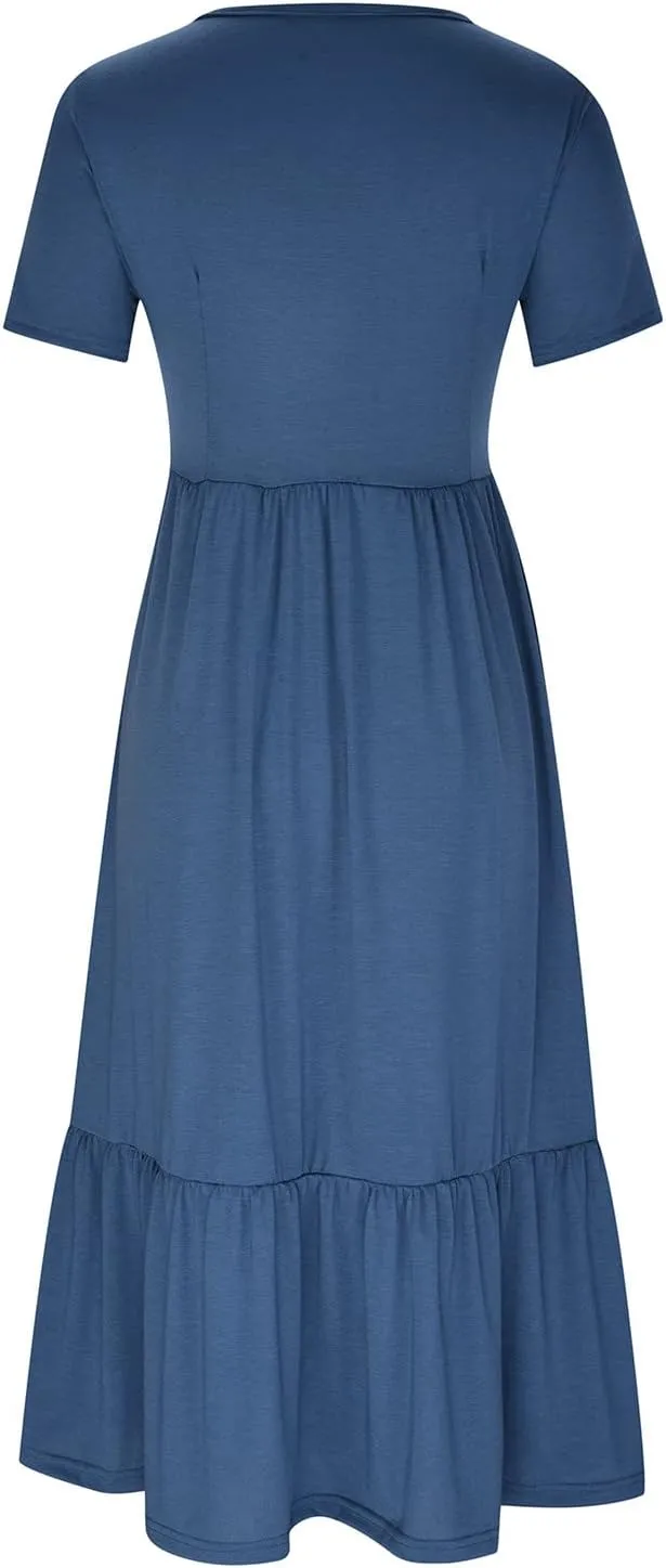 Women Short Sleeve Midi Dresses Summer Casual Dress Ruffle Swing Flowy Sundress Mid Calf T Shirt with Pocket