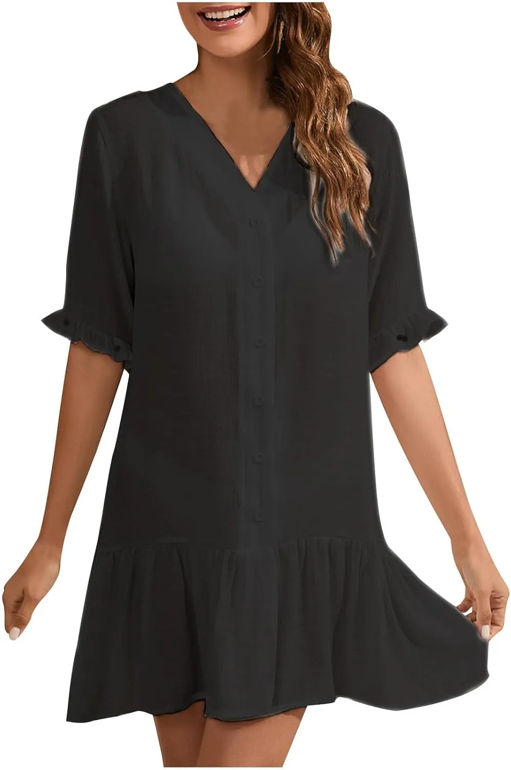 Women Summer Button Down Shirt Dress Cute Beach Cover Ups Ruffle Trim Bikini Swimwear Loose Fit See Through Sundresses