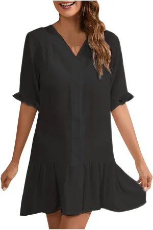 Women Summer Button Down Shirt Dress Cute Beach Cover Ups Ruffle Trim Bikini Swimwear Loose Fit See Through Sundresses