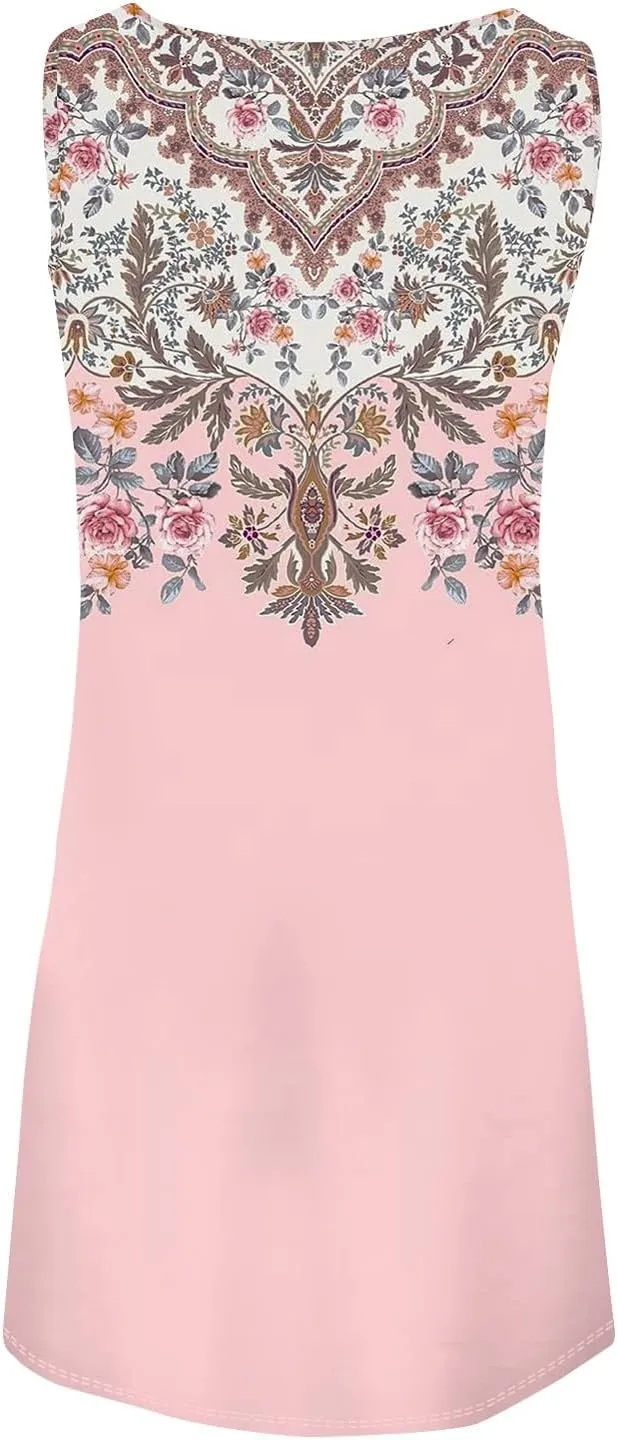 Women's 2024 Summer Floral Mini Dress Sleeveless Ruffle Boho Beach Vacation Short Tank Sundresses