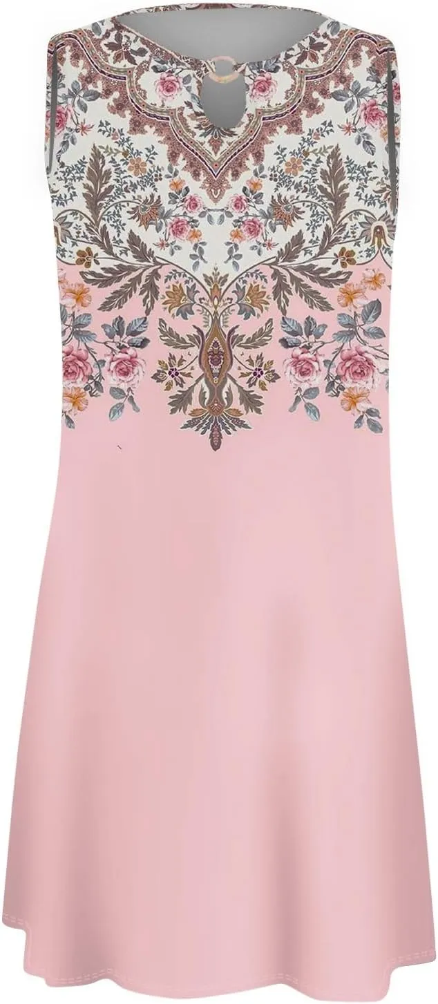 Women's 2024 Summer Floral Mini Dress Sleeveless Ruffle Boho Beach Vacation Short Tank Sundresses