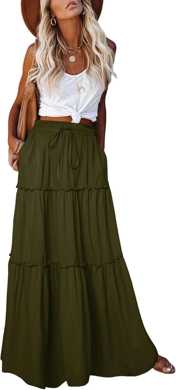 Women's 2024 Summer Skirt High Waist Flowy A Line Boho Skirt Maxi Skirt with Pockets