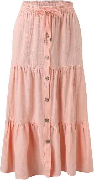 Womens A Line Midi Skirt Elastic Waist Front Button Casual Skirts Ruffle Layered High Waisted Pleated Skirt with
