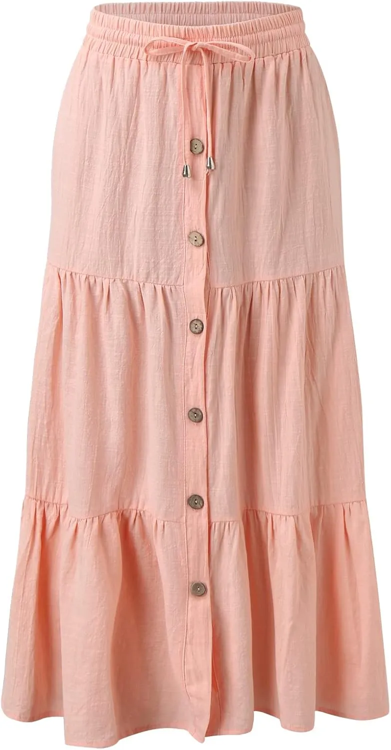 Womens A Line Midi Skirt Elastic Waist Front Button Casual Skirts Ruffle Layered High Waisted Pleated Skirt with