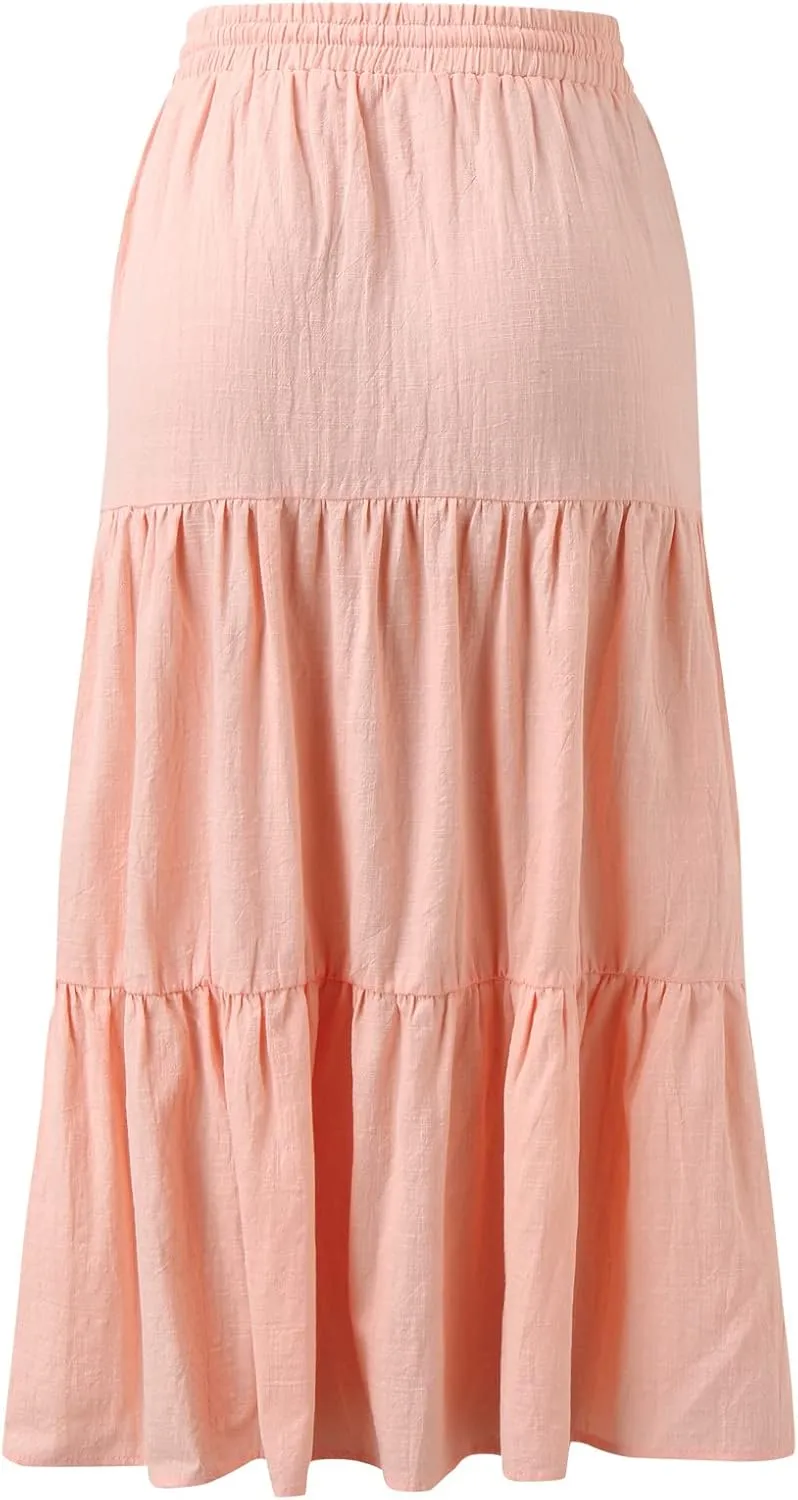 Womens A Line Midi Skirt Elastic Waist Front Button Casual Skirts Ruffle Layered High Waisted Pleated Skirt with