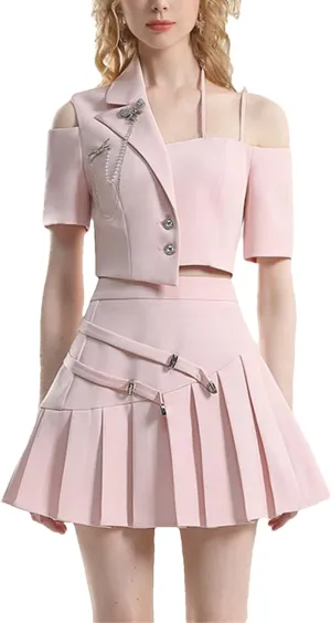 WomenS Asymmetric Off-Shoulder Top with Pleated Skirt Set Summer Party Wear High Waist Two Piece Outfit