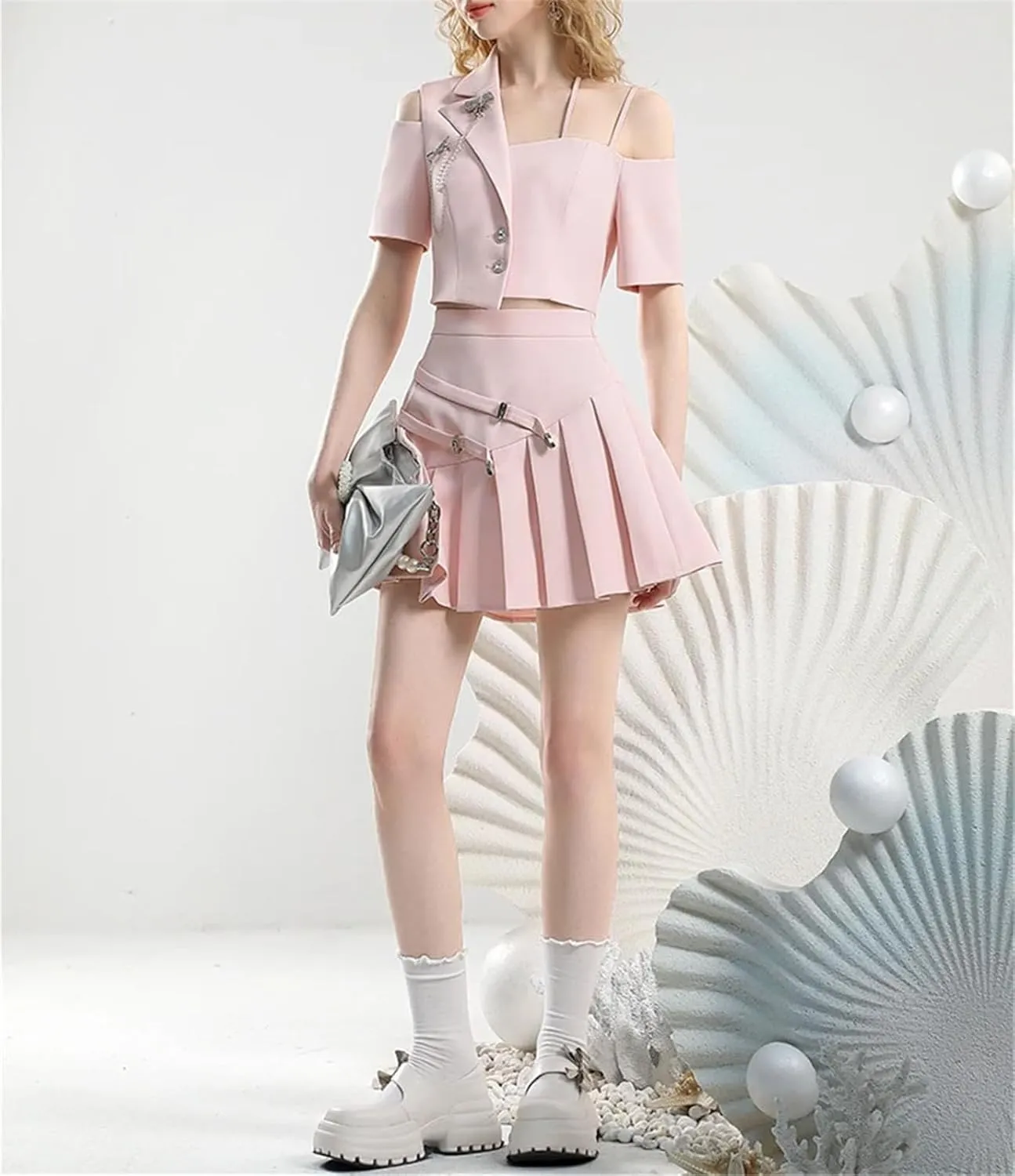 WomenS Asymmetric Off-Shoulder Top with Pleated Skirt Set Summer Party Wear High Waist Two Piece Outfit