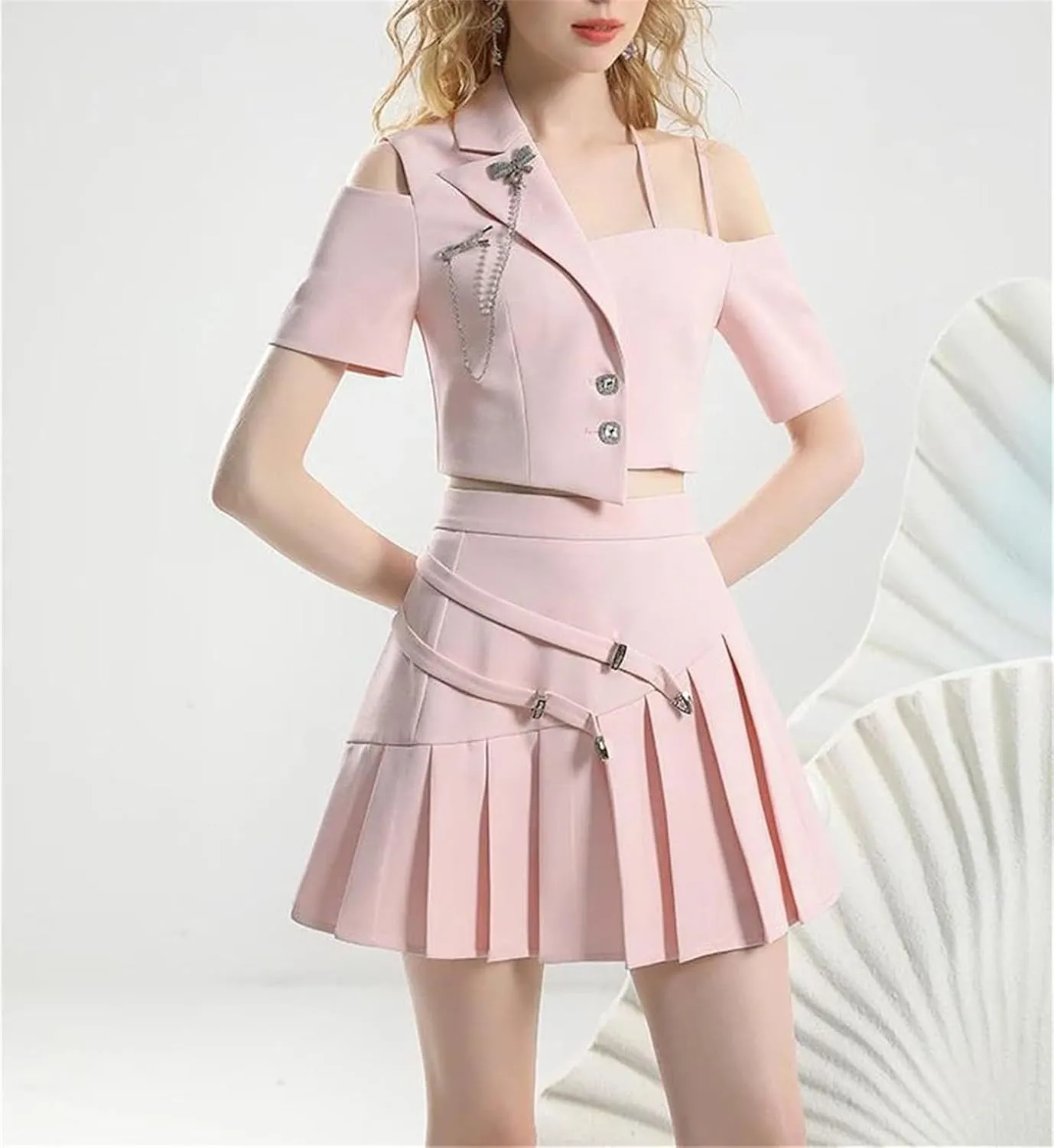 WomenS Asymmetric Off-Shoulder Top with Pleated Skirt Set Summer Party Wear High Waist Two Piece Outfit