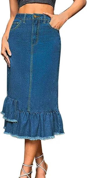 Womens Bodycon Midi Denim Skirt High Waisted Button Ruffle Hem Raw Plus Size Long Jean Skirts