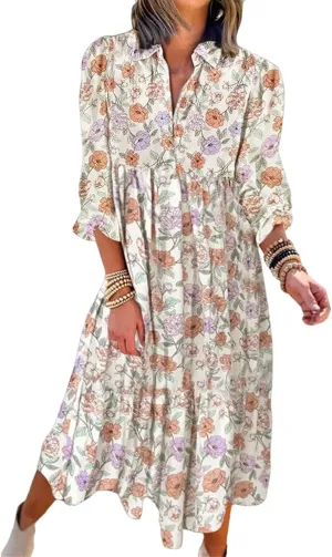 Womens Casual Boho Floral Midi Dresses Puff Sleeve V Neck Ruffle Dresses Summer Loose Dress Tiered Beach Sundress