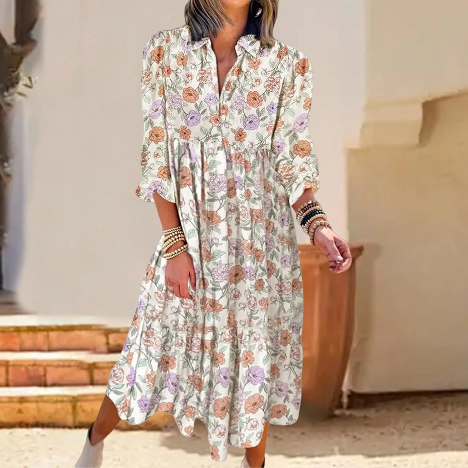 Womens Casual Boho Floral Midi Dresses Puff Sleeve V Neck Ruffle Dresses Summer Loose Dress Tiered Beach Sundress