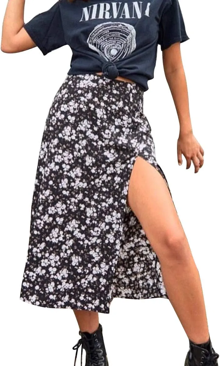 Women's Casual High Waist Boho Printed Side Split A-Line Midi Skirt Leopard Half-Length Maxi Swing Skirt