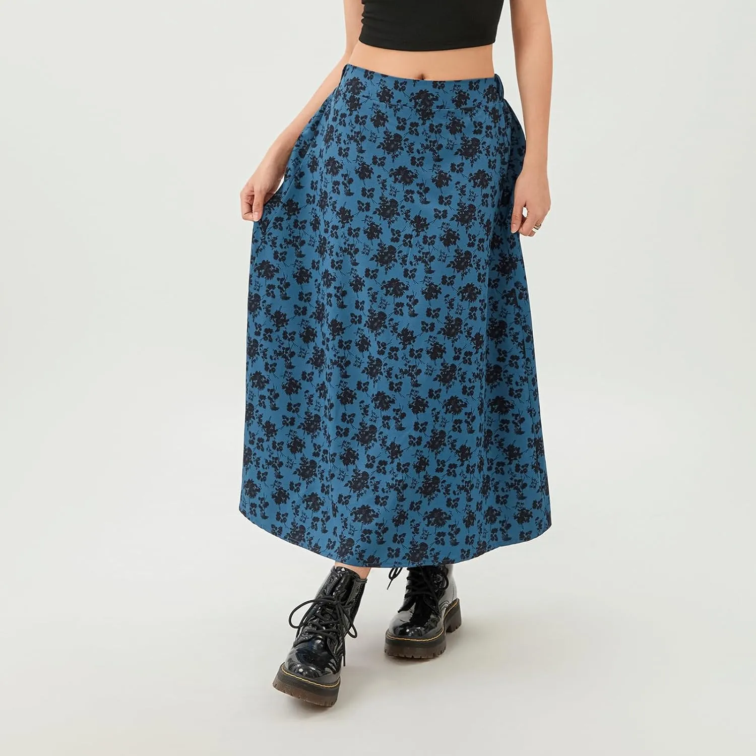 Women's Casual High Waist Boho Printed Side Split A-Line Midi Skirt Leopard Half-Length Maxi Swing Skirt