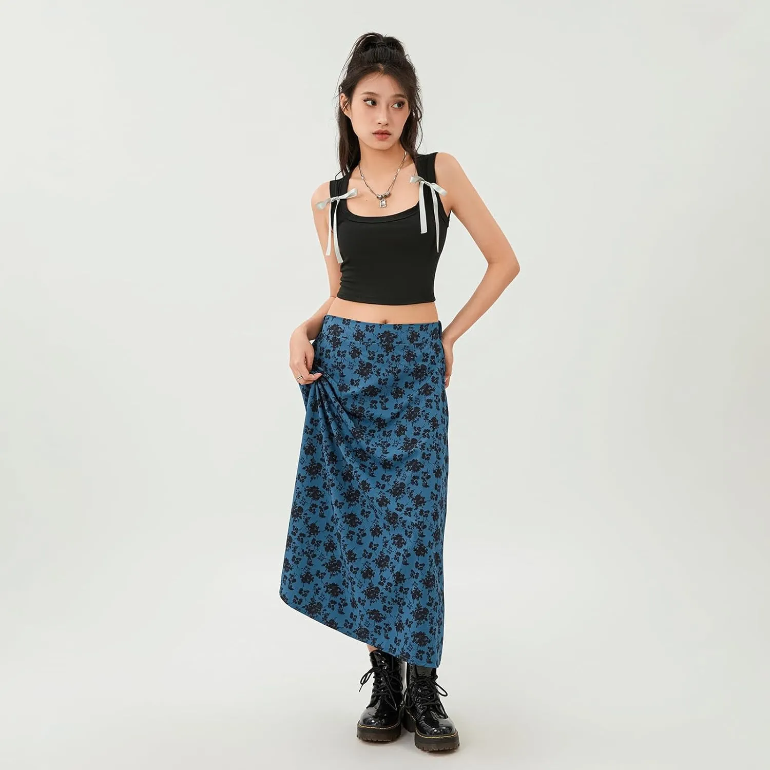 Women's Casual High Waist Boho Printed Side Split A-Line Midi Skirt Leopard Half-Length Maxi Swing Skirt