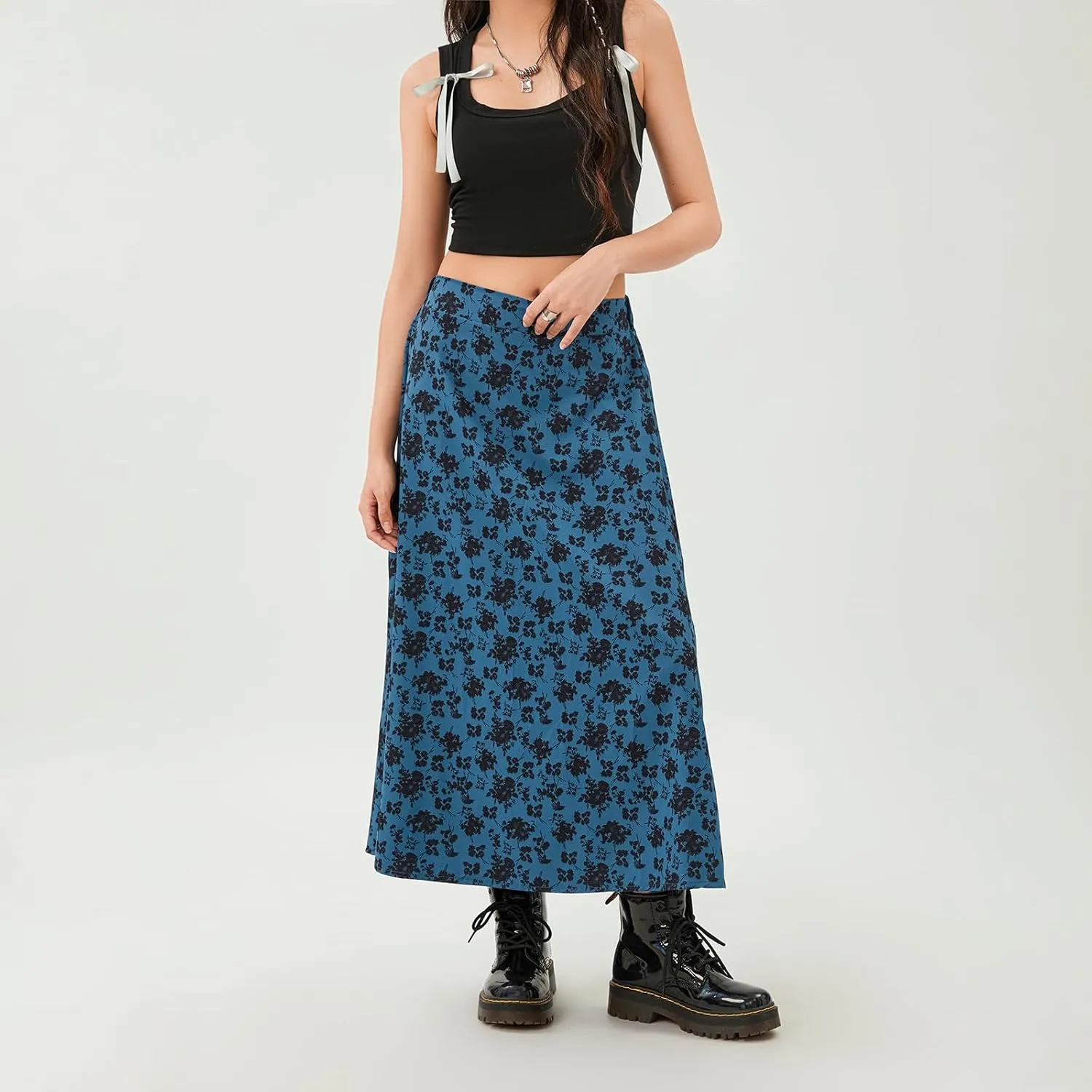 Women's Casual High Waist Boho Printed Side Split A-Line Midi Skirt Leopard Half-Length Maxi Swing Skirt