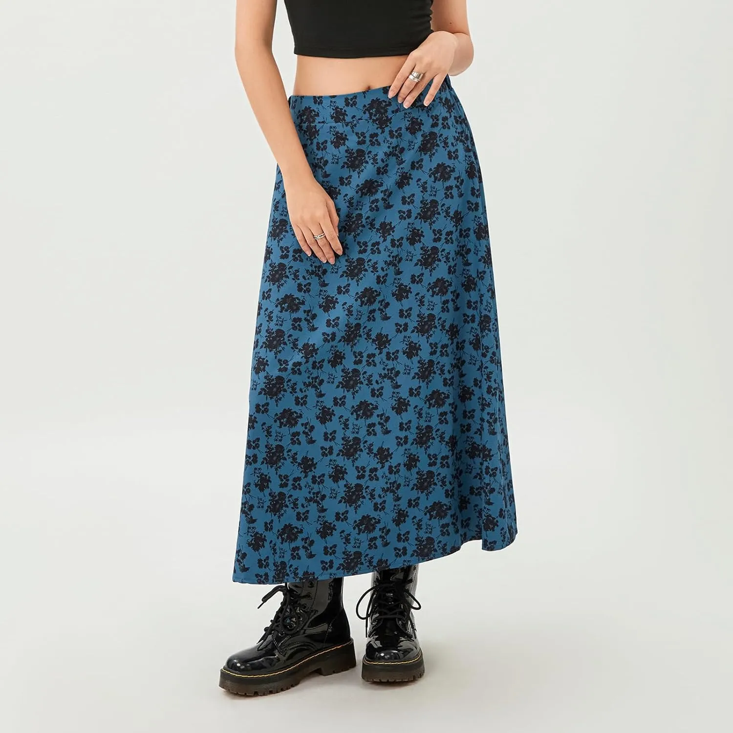 Women's Casual High Waist Boho Printed Side Split A-Line Midi Skirt Leopard Half-Length Maxi Swing Skirt