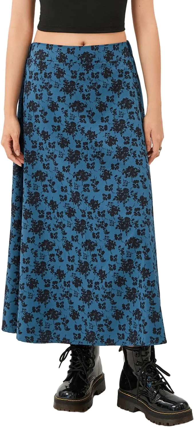 Women's Casual High Waist Boho Printed Side Split A-Line Midi Skirt Leopard Half-Length Maxi Swing Skirt