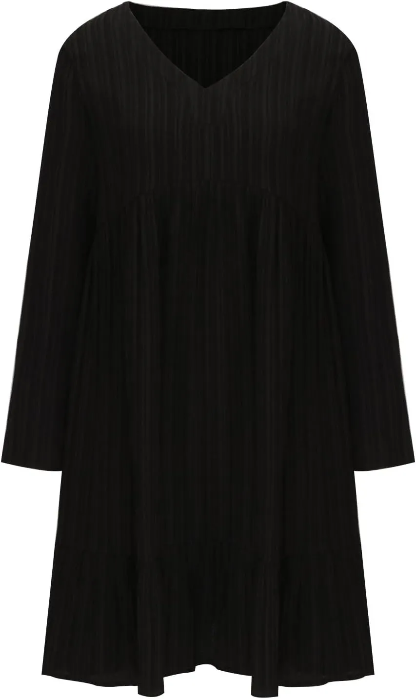 Women's Casual Long Sleeve V Neck Pleated Dress Tiered Ruffle Hem A-Line Loose Fit Flowy Swing Babydoll Mini Dresses