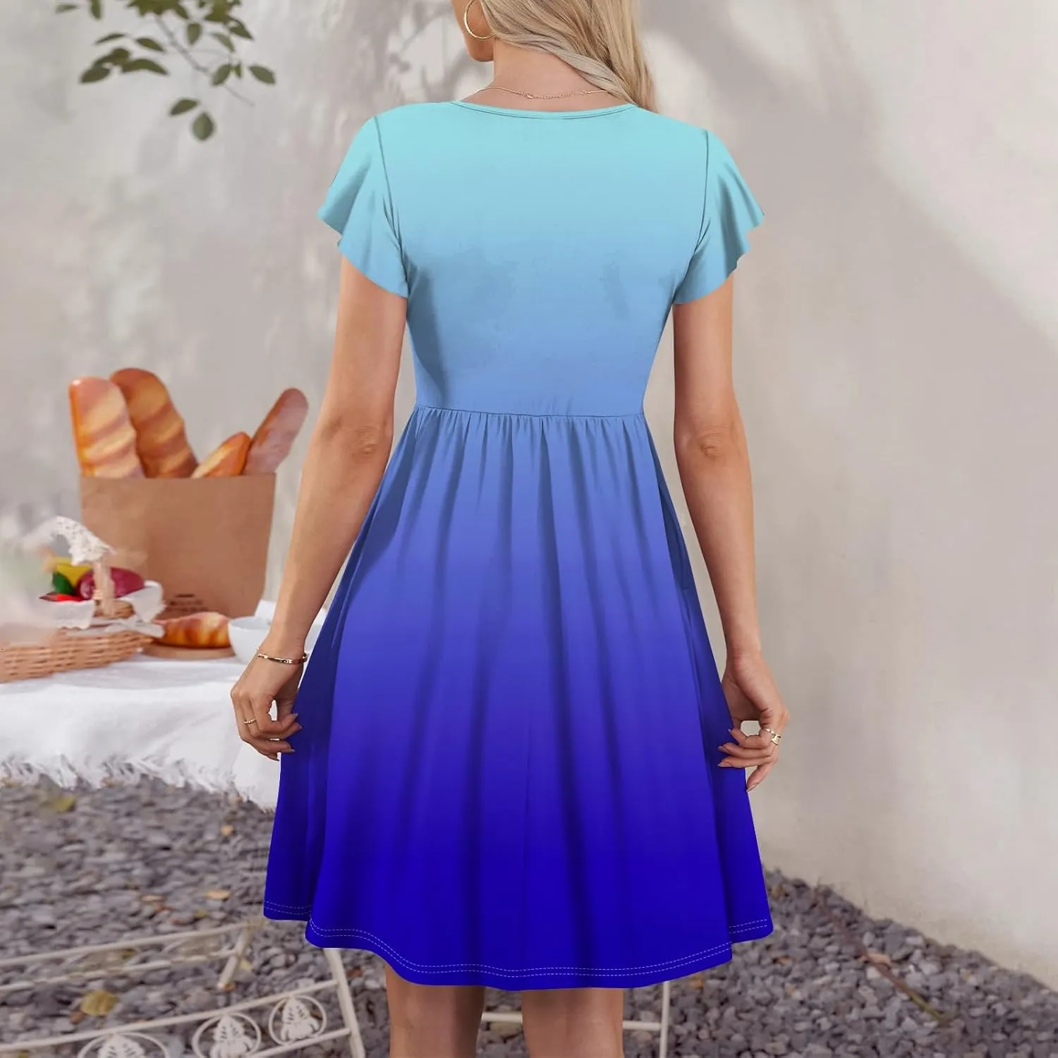 Womens Casual Round Neck 2025 Dresses Fly Sleeve Fashion Printed Sexy Button Pocket Summer Midi Slim Party Dress