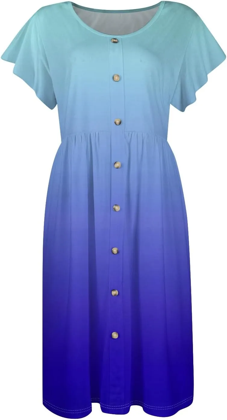 Womens Casual Round Neck 2025 Dresses Fly Sleeve Fashion Printed Sexy Button Pocket Summer Midi Slim Party Dress