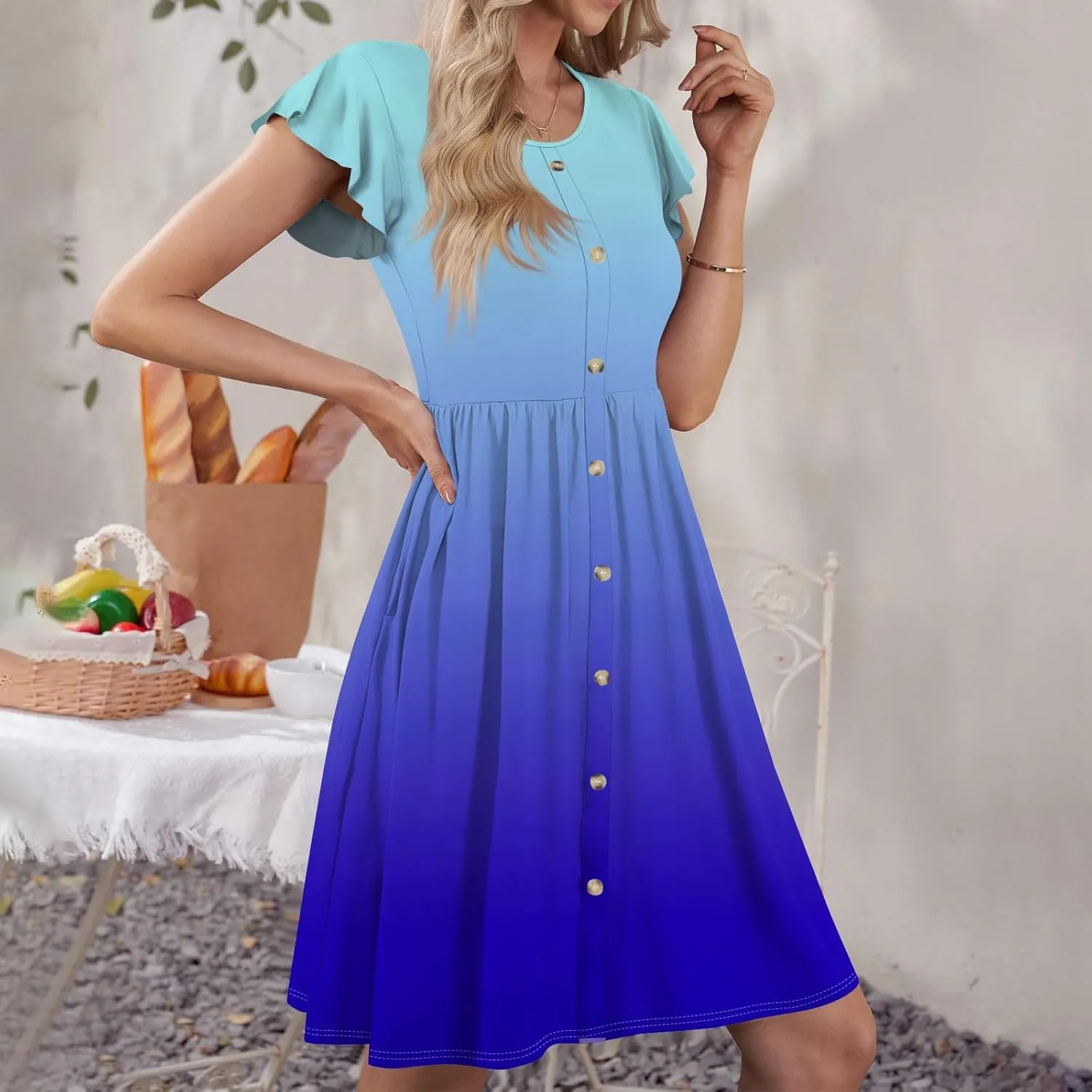 Womens Casual Round Neck 2025 Dresses Fly Sleeve Fashion Printed Sexy Button Pocket Summer Midi Slim Party Dress