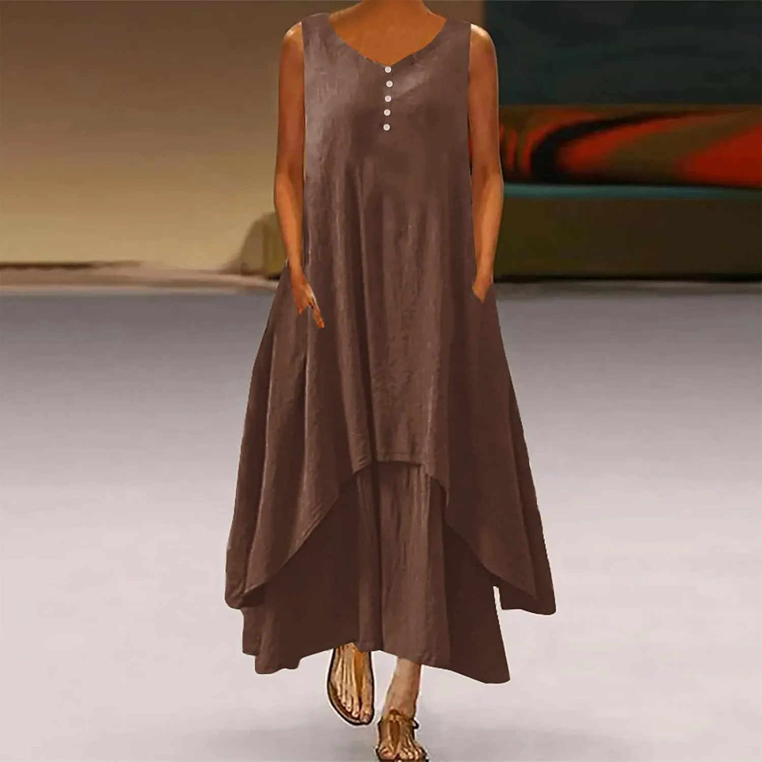 Women's Cotton Linen Irregular Double Layer Tank Dress,Plus Size Sleeveless Loose Caftan Beach Dresses Summer Sundress