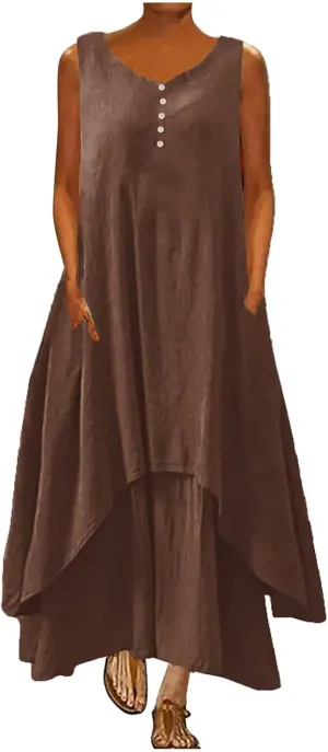 Women's Cotton Linen Irregular Double Layer Tank Dress,Plus Size Sleeveless Loose Caftan Beach Dresses Summer Sundress