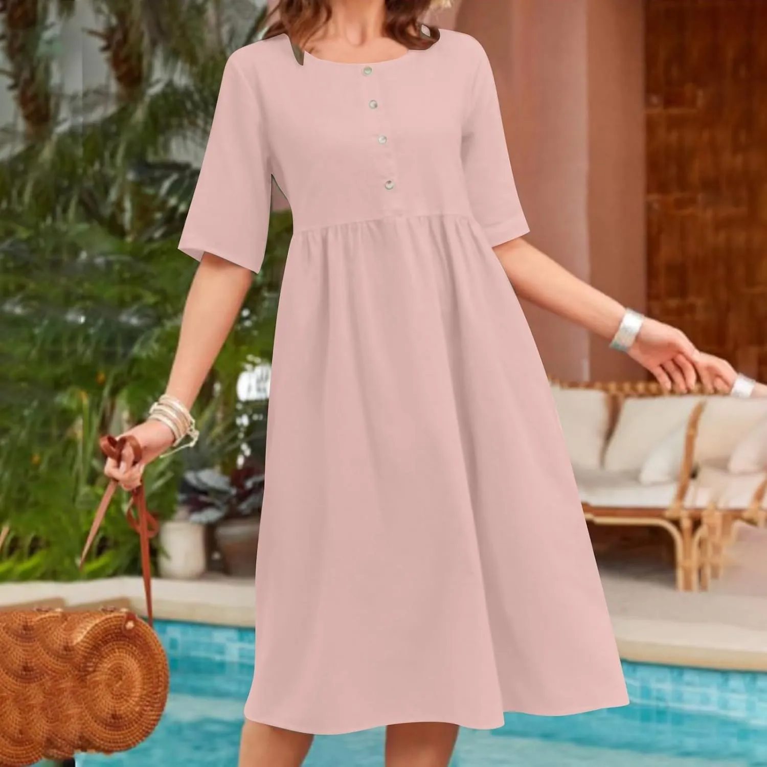 Womens Cotton Linen Midi Dress Short Sleeve Button Crewneck Dresses Summer Loose Pleated Dress Solid Travel Clothing