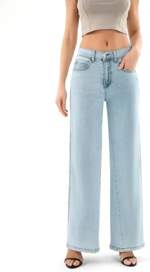 Women's Elastic Waist Petite Wide Leg Pants Mid Waist Casual Straight Jeans Work Pant with Pocket