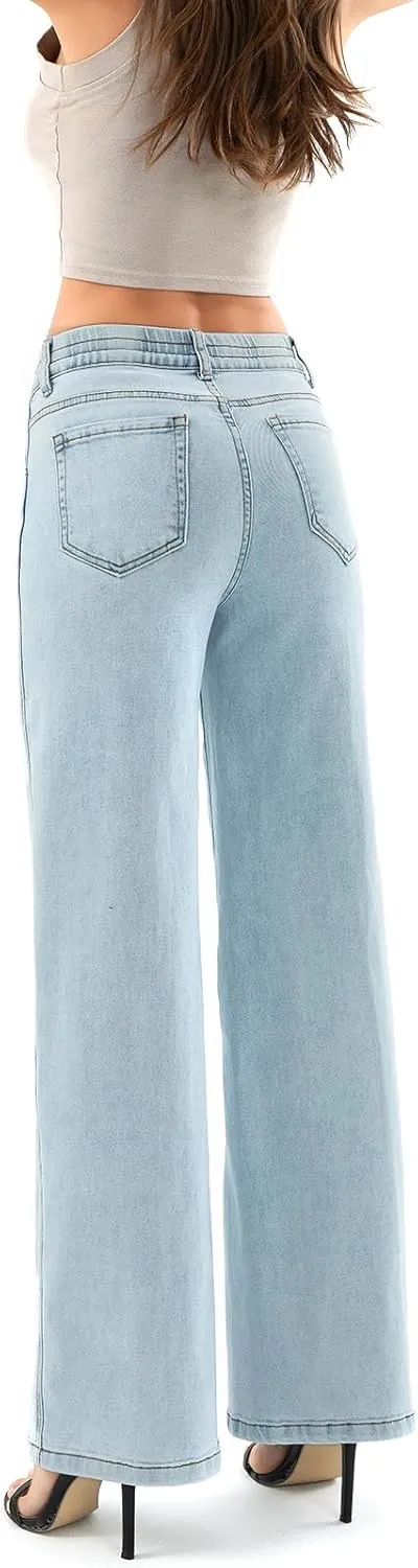 Women's Elastic Waist Petite Wide Leg Pants Mid Waist Casual Straight Jeans Work Pant with Pocket