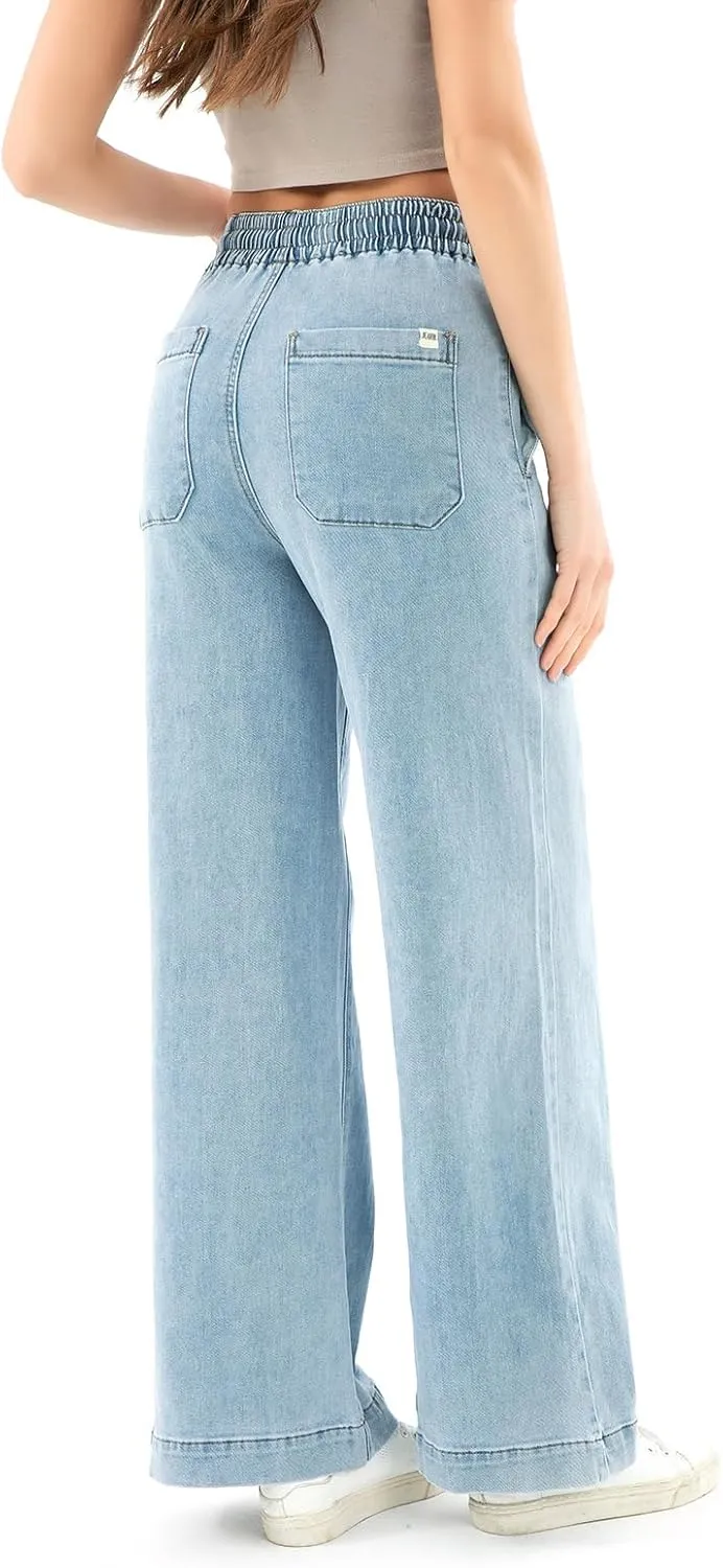 Women's Elastic Waist Petite Wide Leg Pants Mid Waist Casual Straight Jeans Work Pant with Pocket