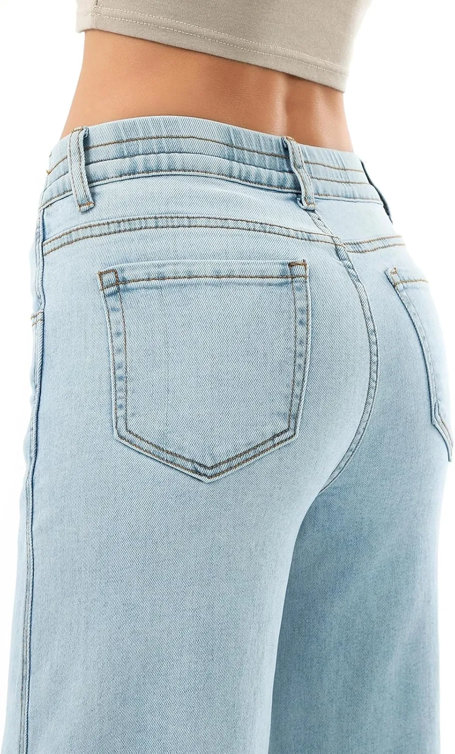 Women's Elastic Waist Petite Wide Leg Pants Mid Waist Casual Straight Jeans Work Pant with Pocket