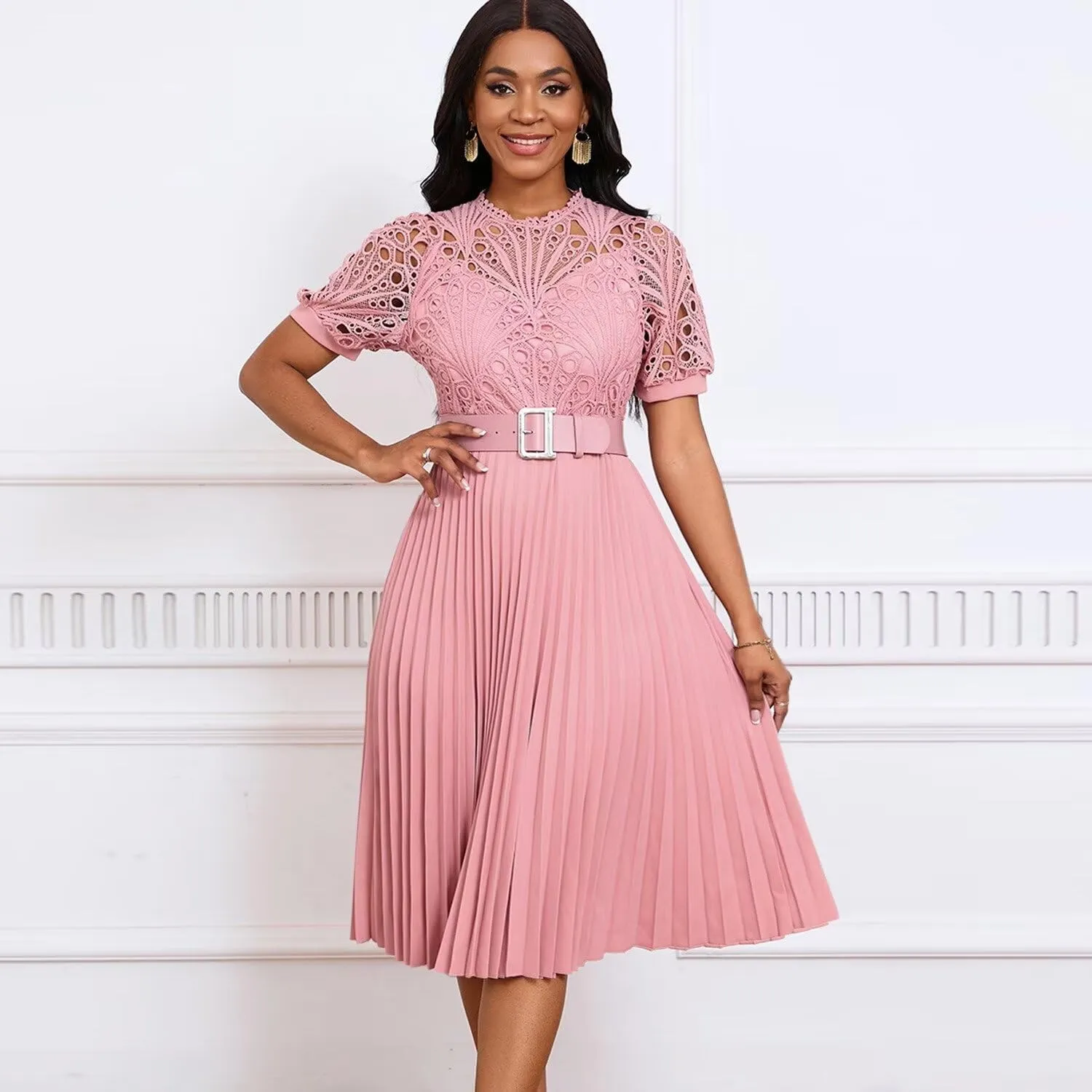 Womens Fashion Lace Dress Cut Out Pleated Sexy Solid Color Midi Prom Dress A-Line Flowy Dresses