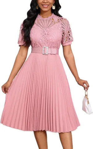 Womens Fashion Lace Dress Cut Out Pleated Sexy Solid Color Midi Prom Dress A-Line Flowy Dresses