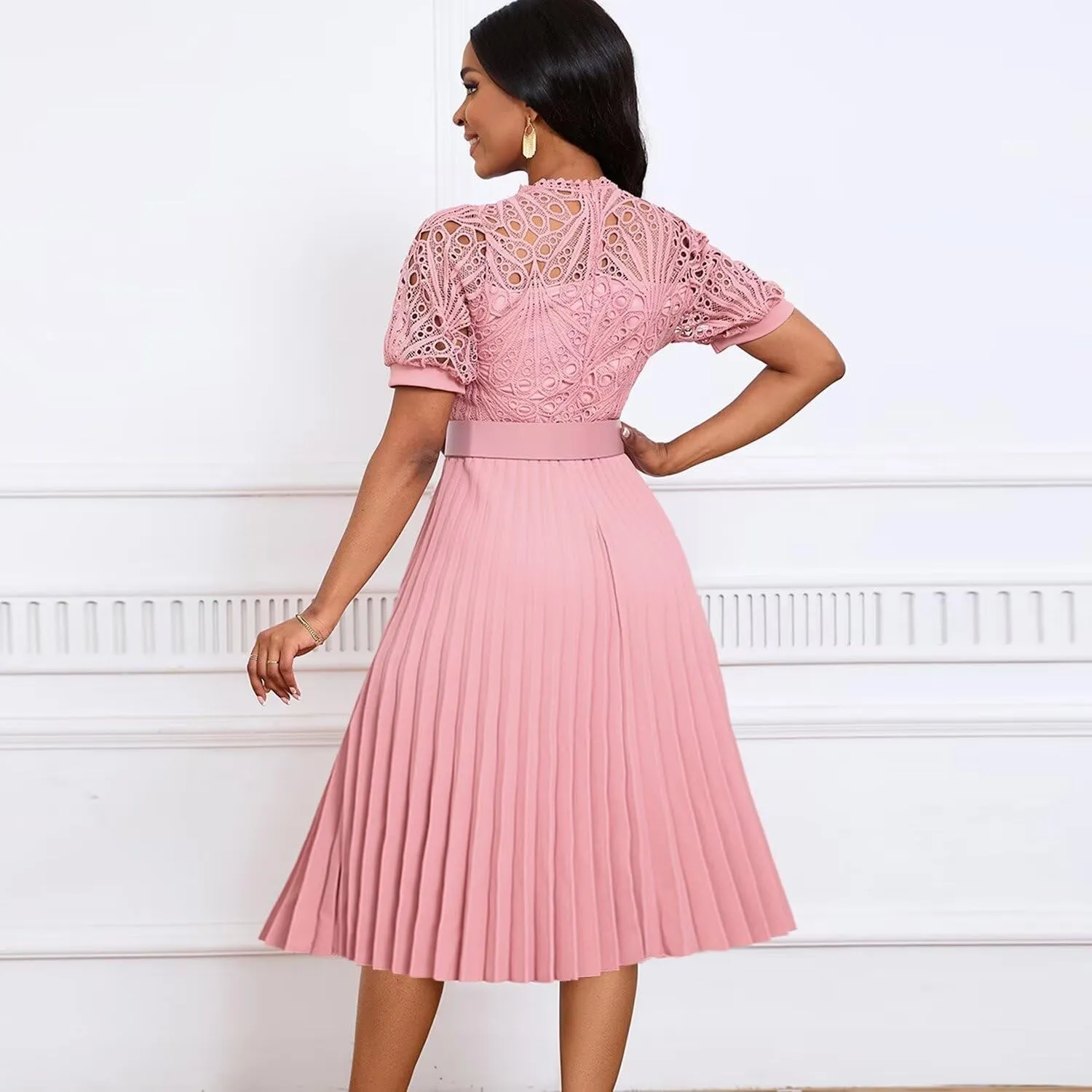 Womens Fashion Lace Dress Cut Out Pleated Sexy Solid Color Midi Prom Dress A-Line Flowy Dresses