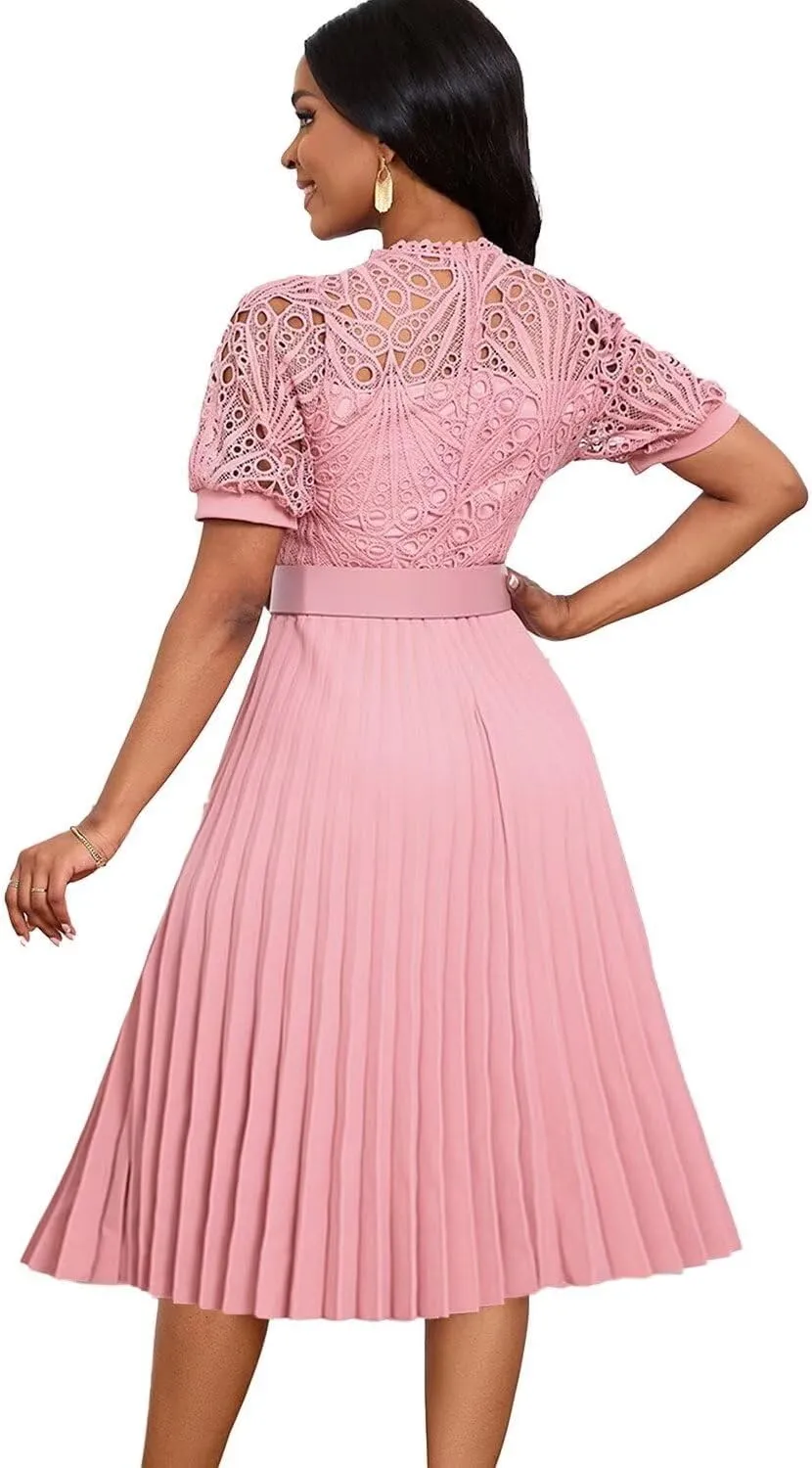 Womens Fashion Lace Dress Cut Out Pleated Sexy Solid Color Midi Prom Dress A-Line Flowy Dresses