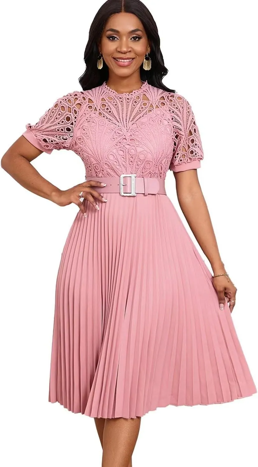 Womens Fashion Lace Dress Cut Out Pleated Sexy Solid Color Midi Prom Dress A-Line Flowy Dresses