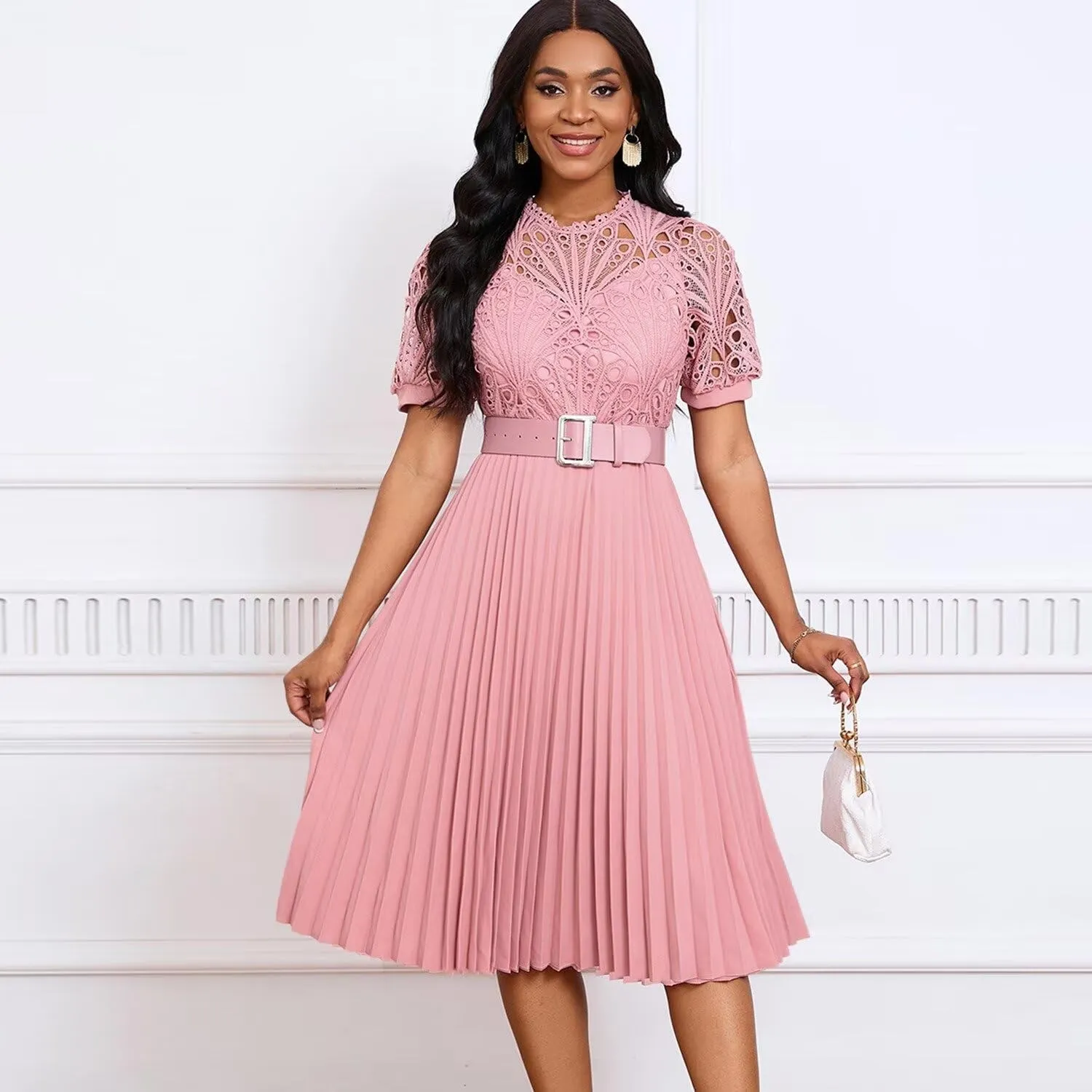 Womens Fashion Lace Dress Cut Out Pleated Sexy Solid Color Midi Prom Dress A-Line Flowy Dresses