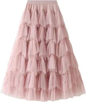 Women's Floral Midi Skirt Layered Heavy Industry Cake Skirts Vintage Irregular Beach Thin Skirt Pleated Cheer