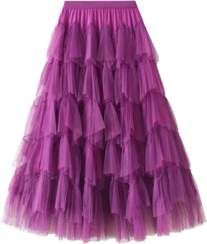 Women's Floral Midi Skirt Layered Heavy Industry Cake Skirts Vintage Irregular Beach Thin Skirt Pleated Cheer