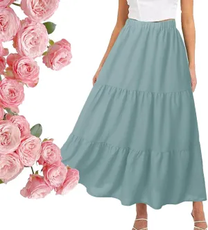 Women's High Elastic Waist Midi Skirt Casual Summer Trendy, Front Flowy Ruffle Boho Midi Skirts for Women