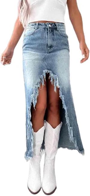 Women's high Waisted Irregular Fringed Denim Worn and Washed Half Length A-line Skirt