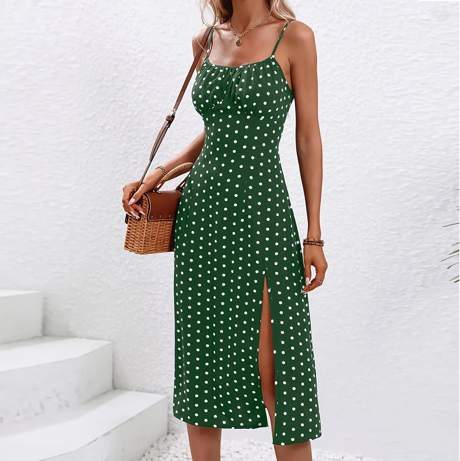 Womens Polka Dot High Split Midi Dresses Square Neck Spaghetti Strap Tie Halter Dress Summer Beach Y2k Sun Dresses
