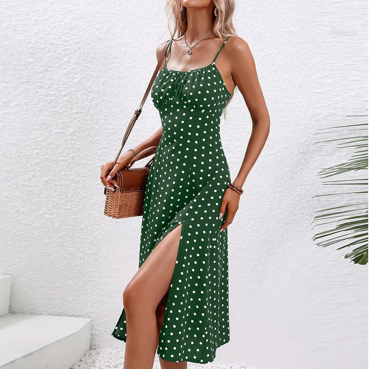 Womens Polka Dot High Split Midi Dresses Square Neck Spaghetti Strap Tie Halter Dress Summer Beach Y2k Sun Dresses