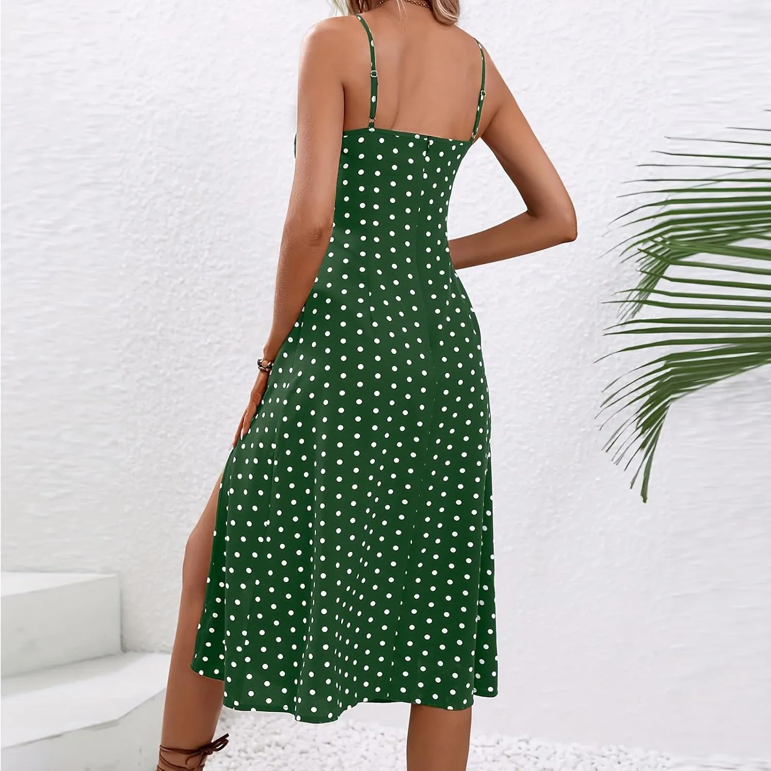 Womens Polka Dot High Split Midi Dresses Square Neck Spaghetti Strap Tie Halter Dress Summer Beach Y2k Sun Dresses