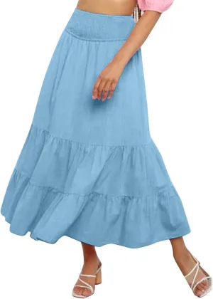 Womens Skirts Pleated A-Line Swing Skirt Vintage Irregular Midi Skirts Ruffle Layered High Waist Hip Long Skirt
